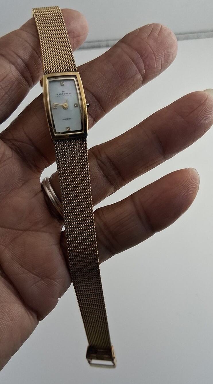 Skagen Denmark Womens Watch Gold Tone Mesh Band Mother of Pearl Diamond Dial
